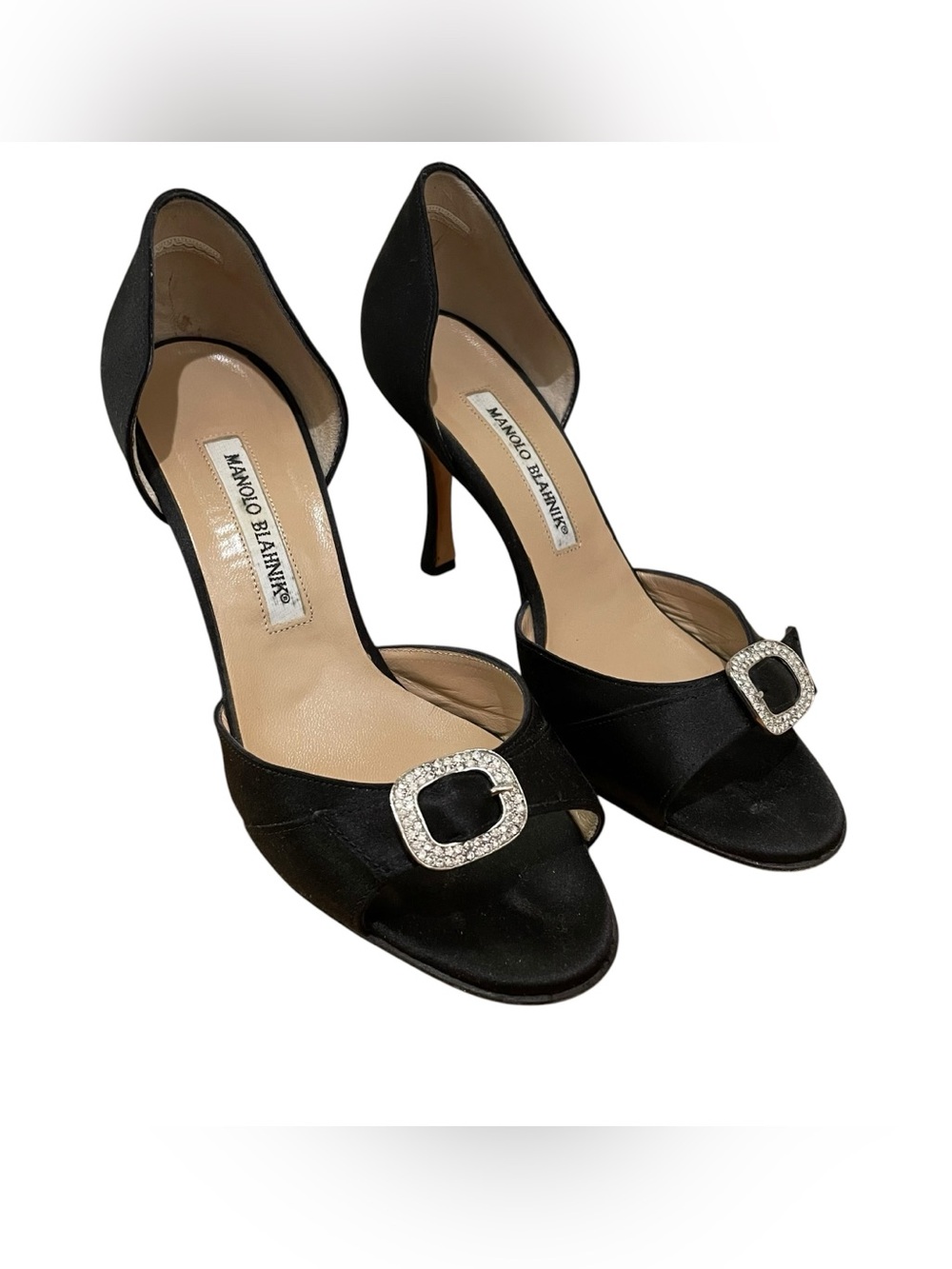 Manolo Blahnik Black Satin Crystal Buckle D’Orsay Heels Sandals Women’s Size 37